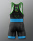 Black wrestling singlet with green straps and blue accents on a gray background