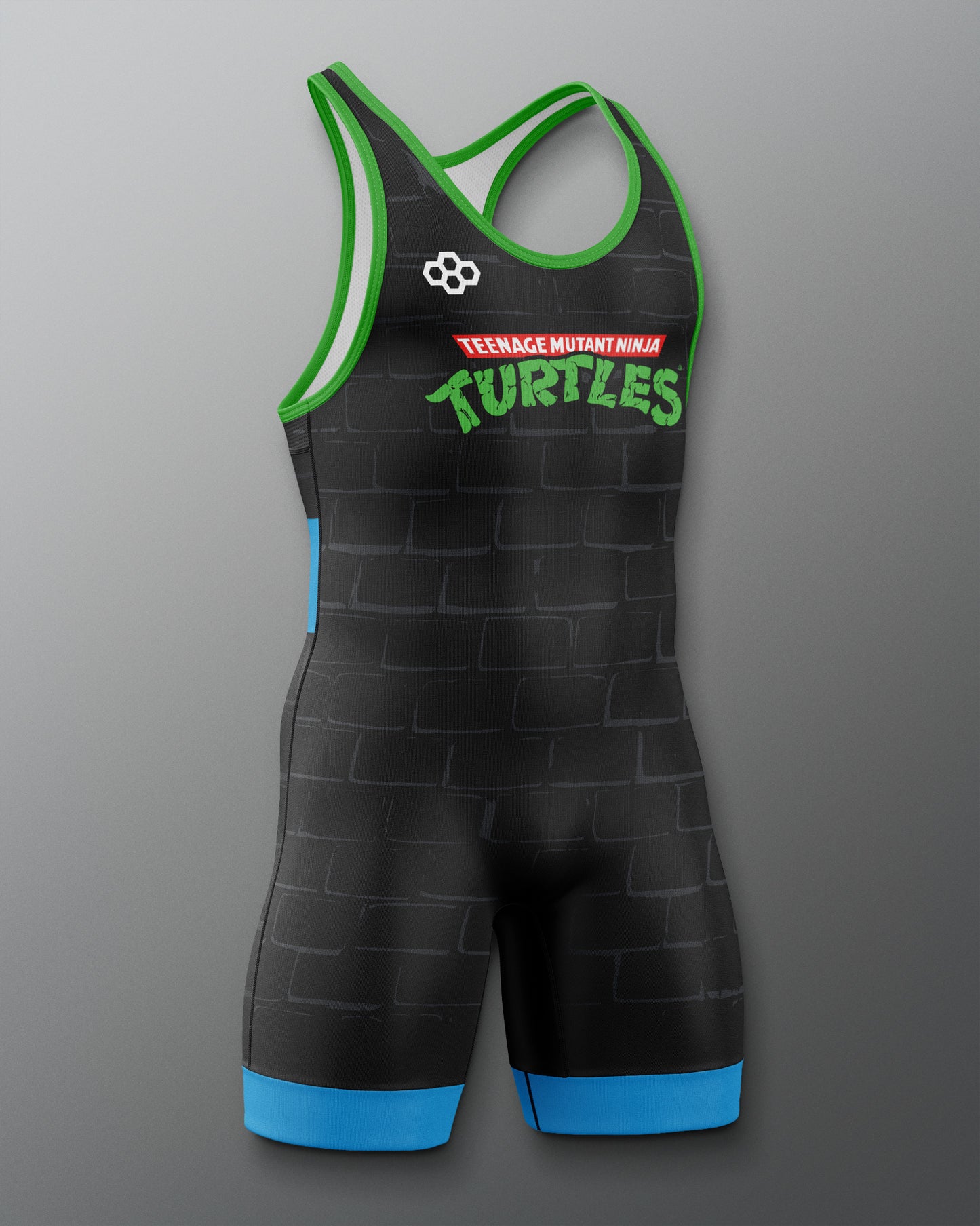 Black wrestling singlet with green and blue accents featuring 'Teenage Mutant Ninja Turtles' branding on a gray background.