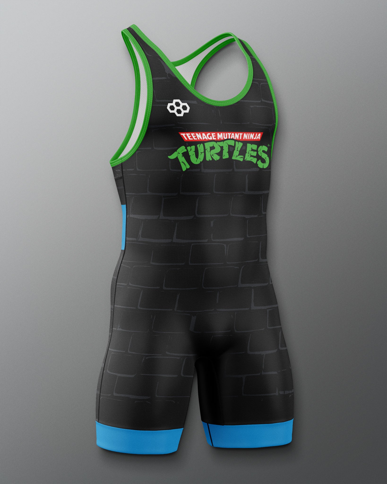 Black wrestling singlet with green and blue accents featuring 'Teenage Mutant Ninja Turtles' branding on a gray background.
