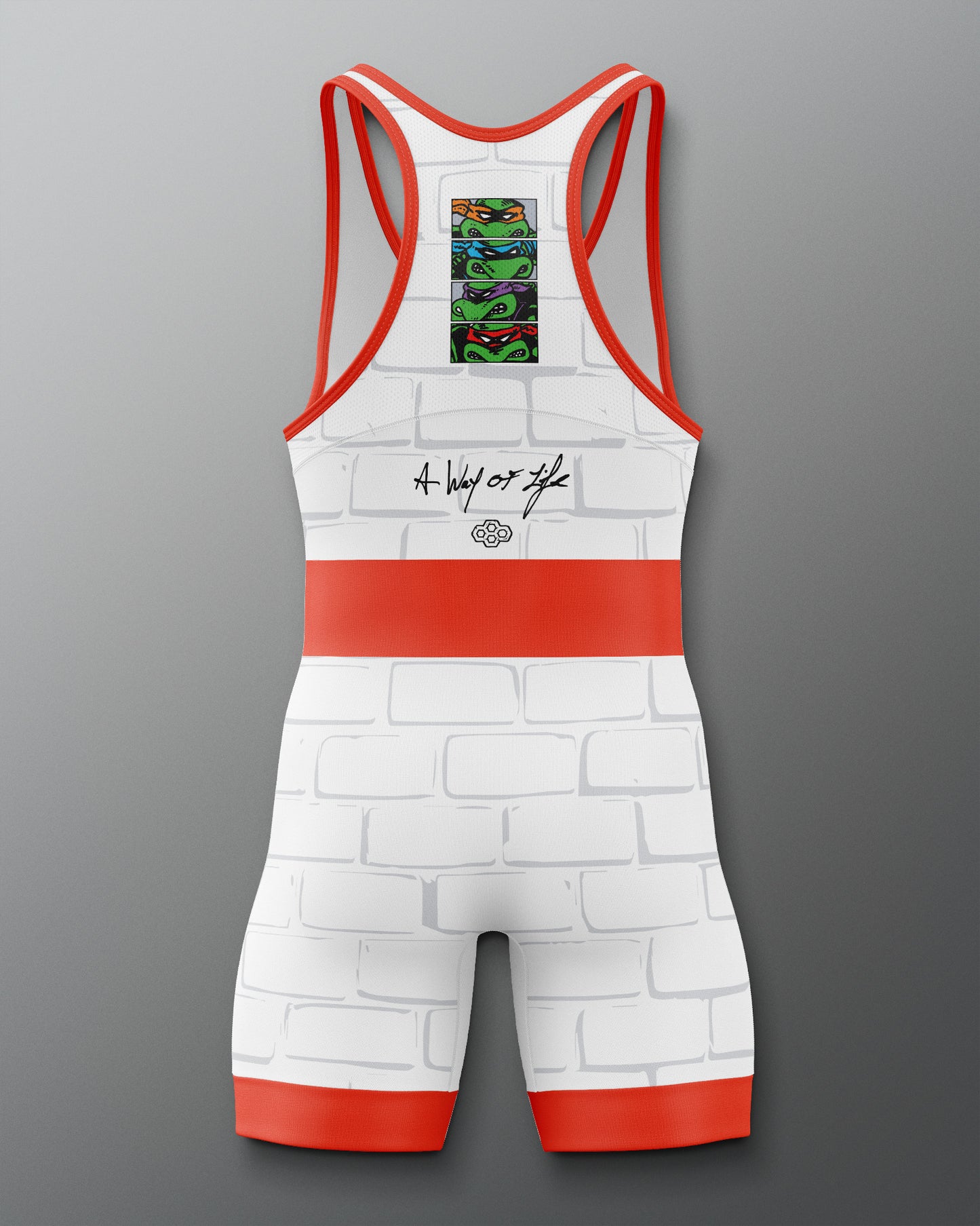 White and red wrestling singlet with brick pattern on a gray background