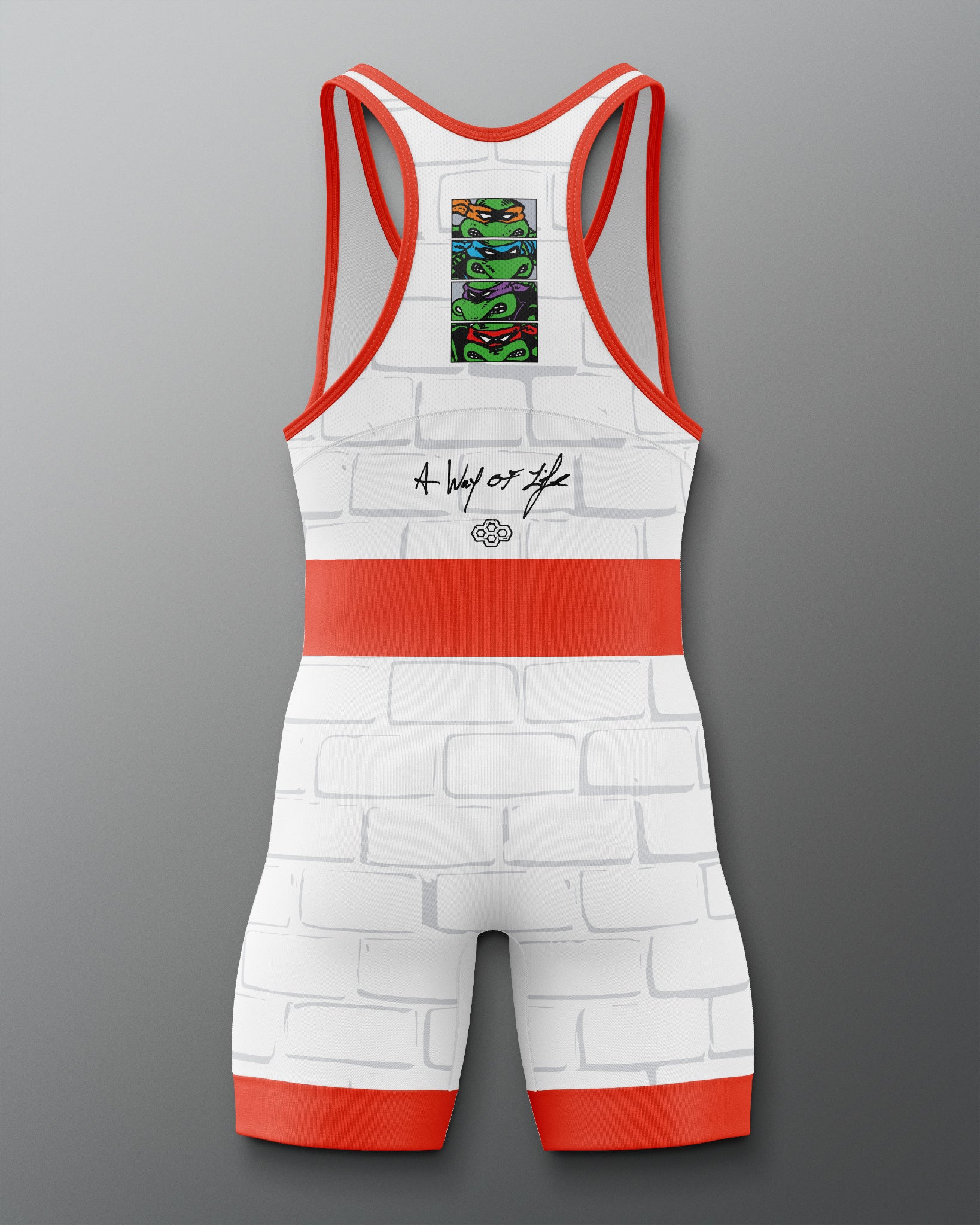 White and red wrestling singlet with brick pattern on a gray background