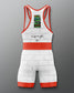 White and red wrestling singlet with brick pattern on a gray background