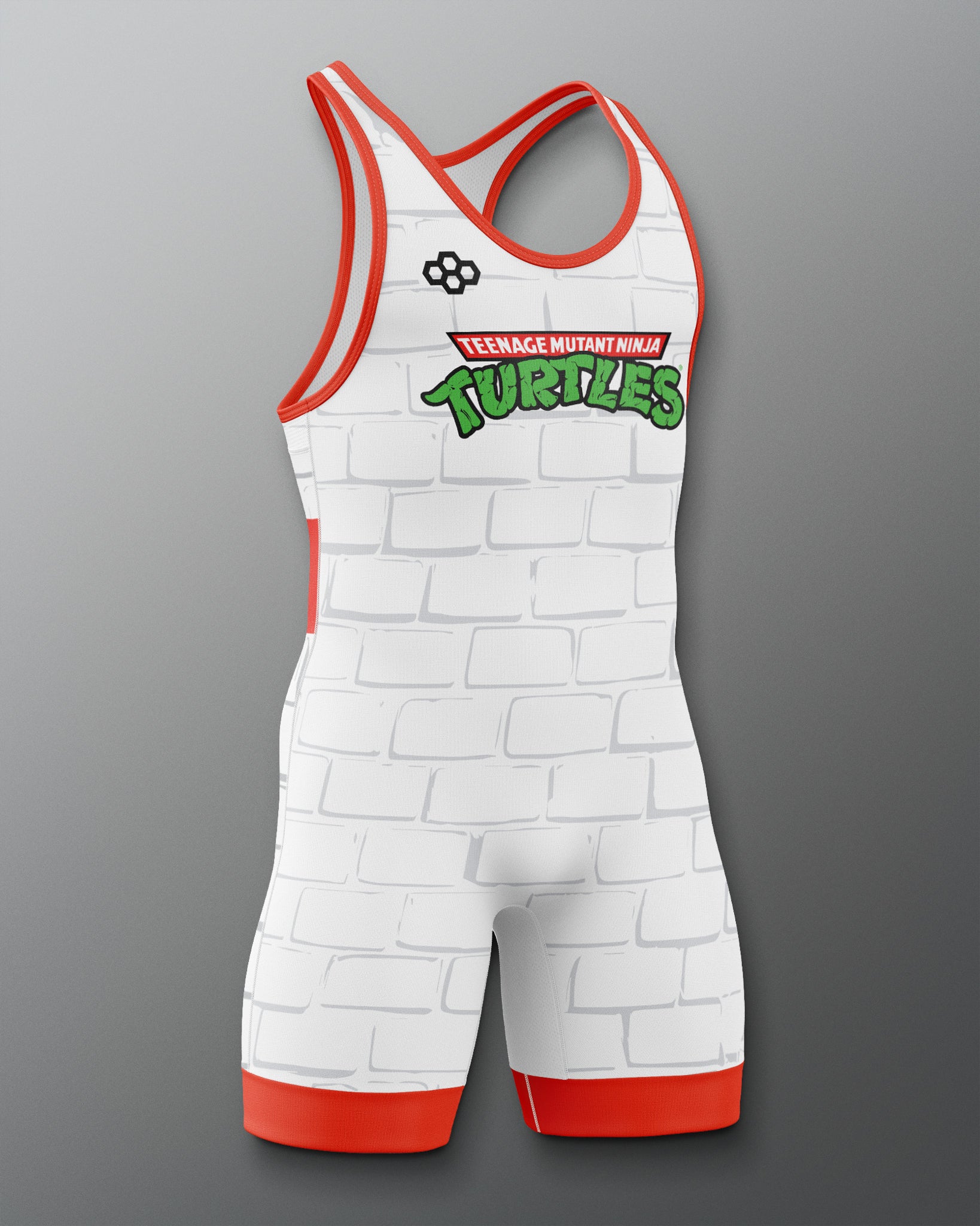 Wrestling singlet with Teenage Mutant Ninja Turtles logo on a gray background