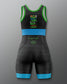 Black and blue wrestling singlet with green accents on a gray background