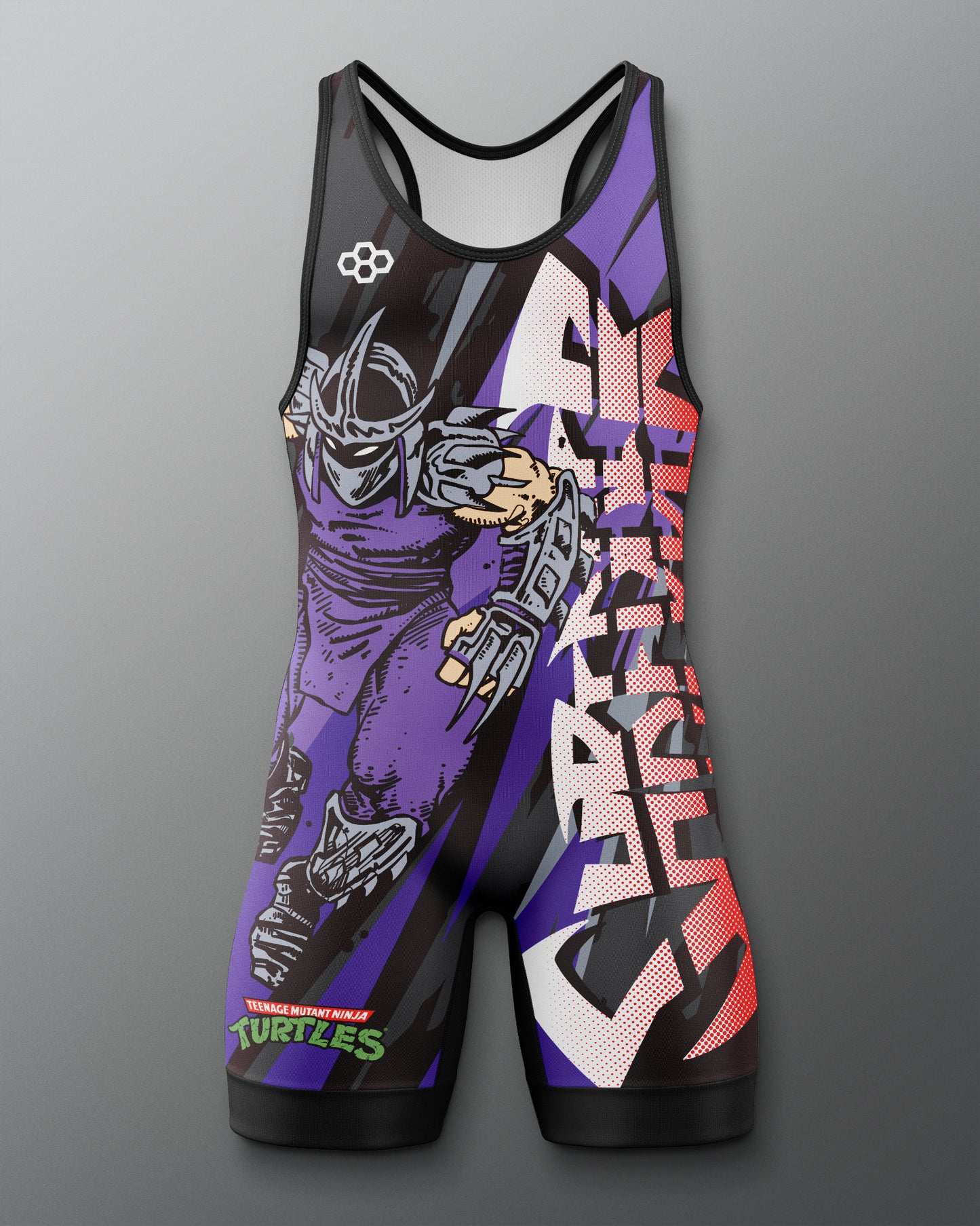 Colorful wrestling singlet with a Teenage Mutant Ninja Turtle Shredder graphic design on a gray background