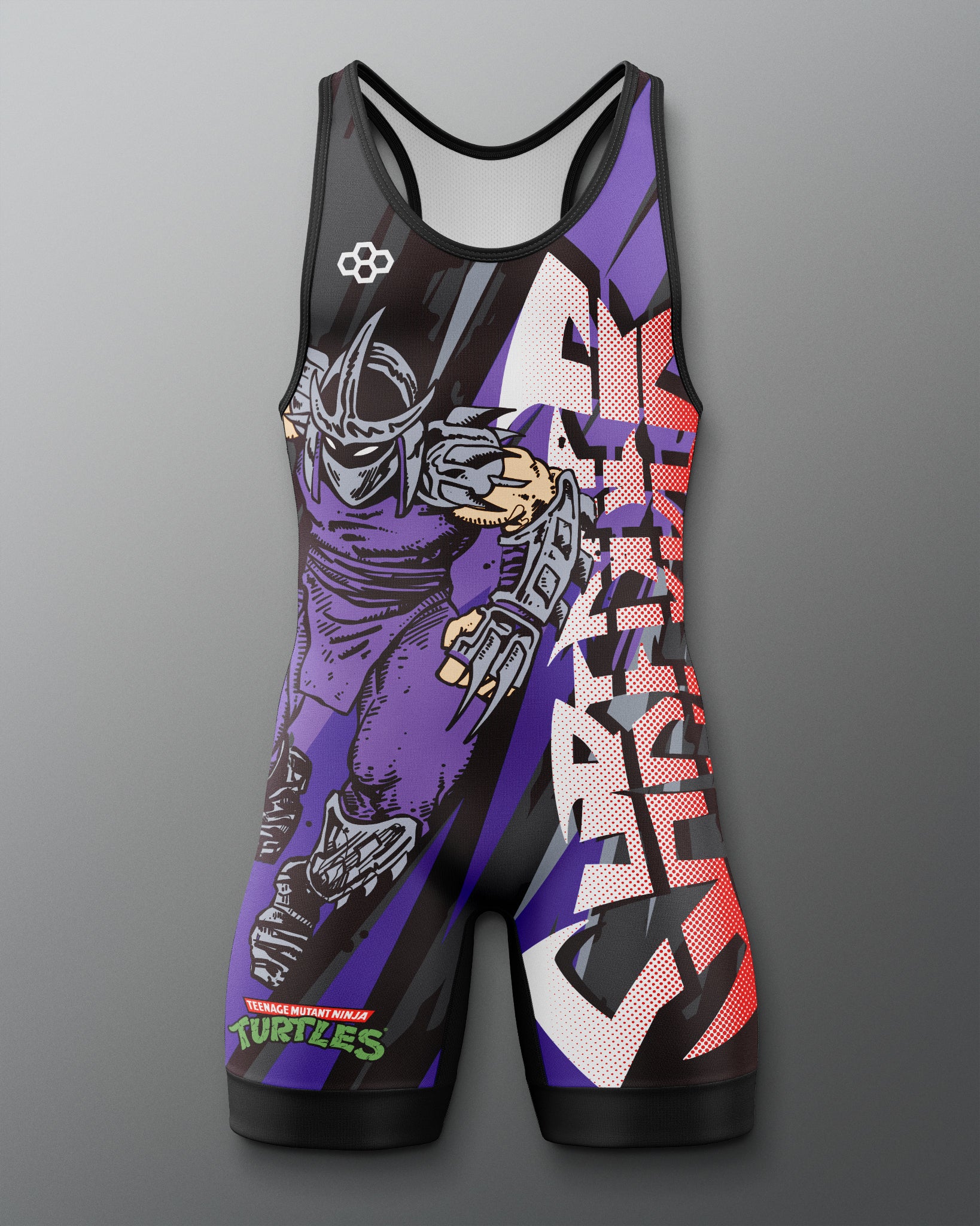 Colorful wrestling singlet with a Teenage Mutant Ninja Turtle Shredder graphic design on a gray background