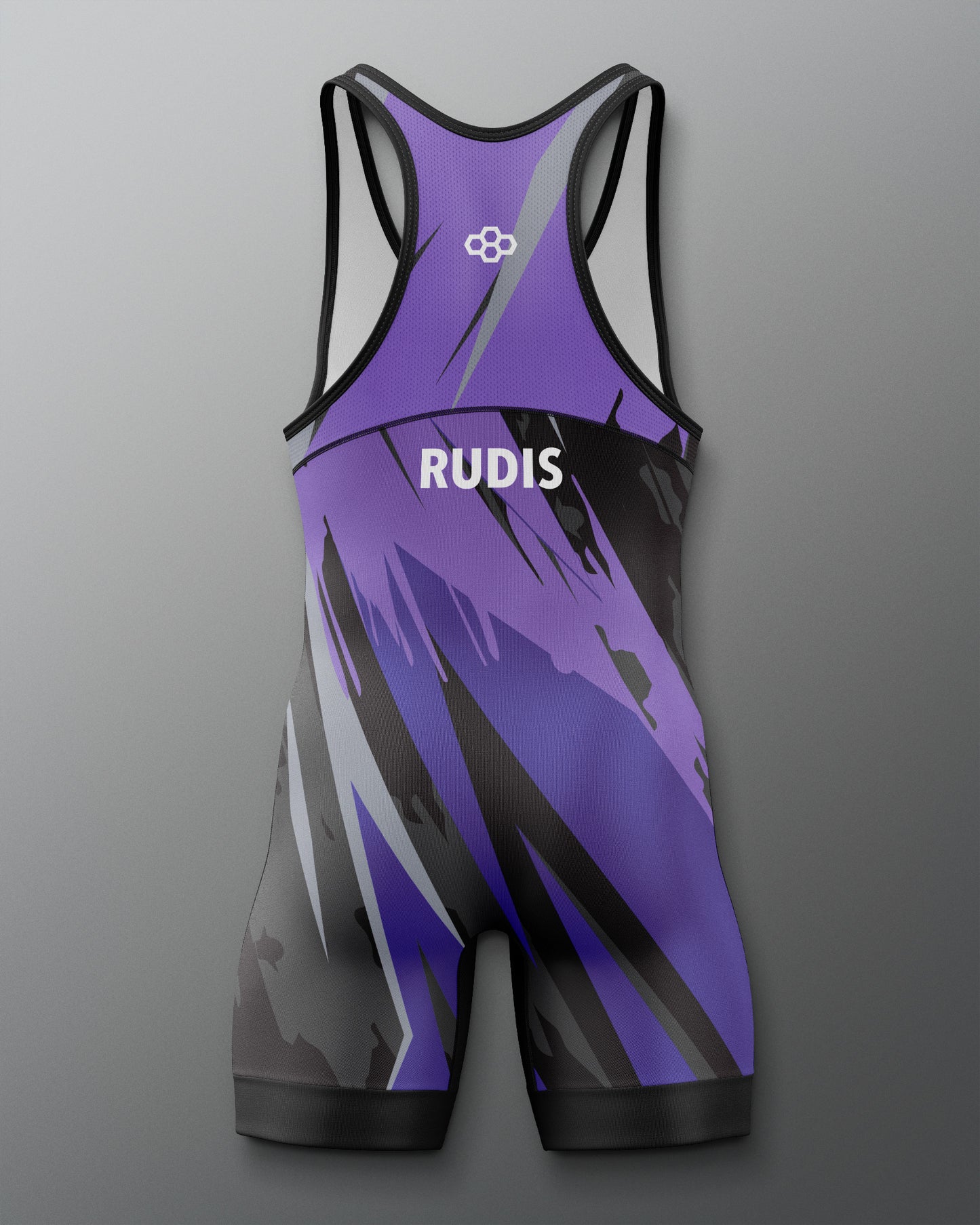 Purple and black wrestling singlet with 'RUDIS' branding on a gray background