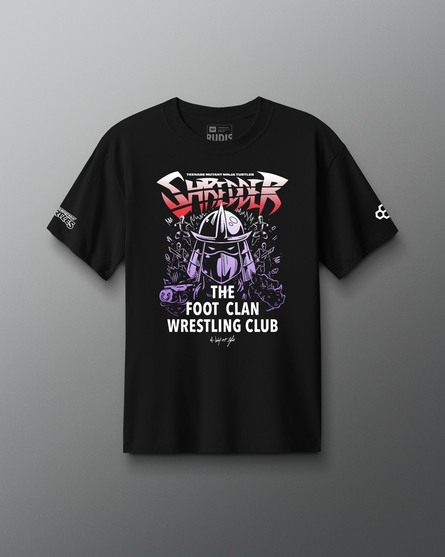 Black t-shirt with wrestling-themed teenage mutant ninja turtles shredder design on a gray background