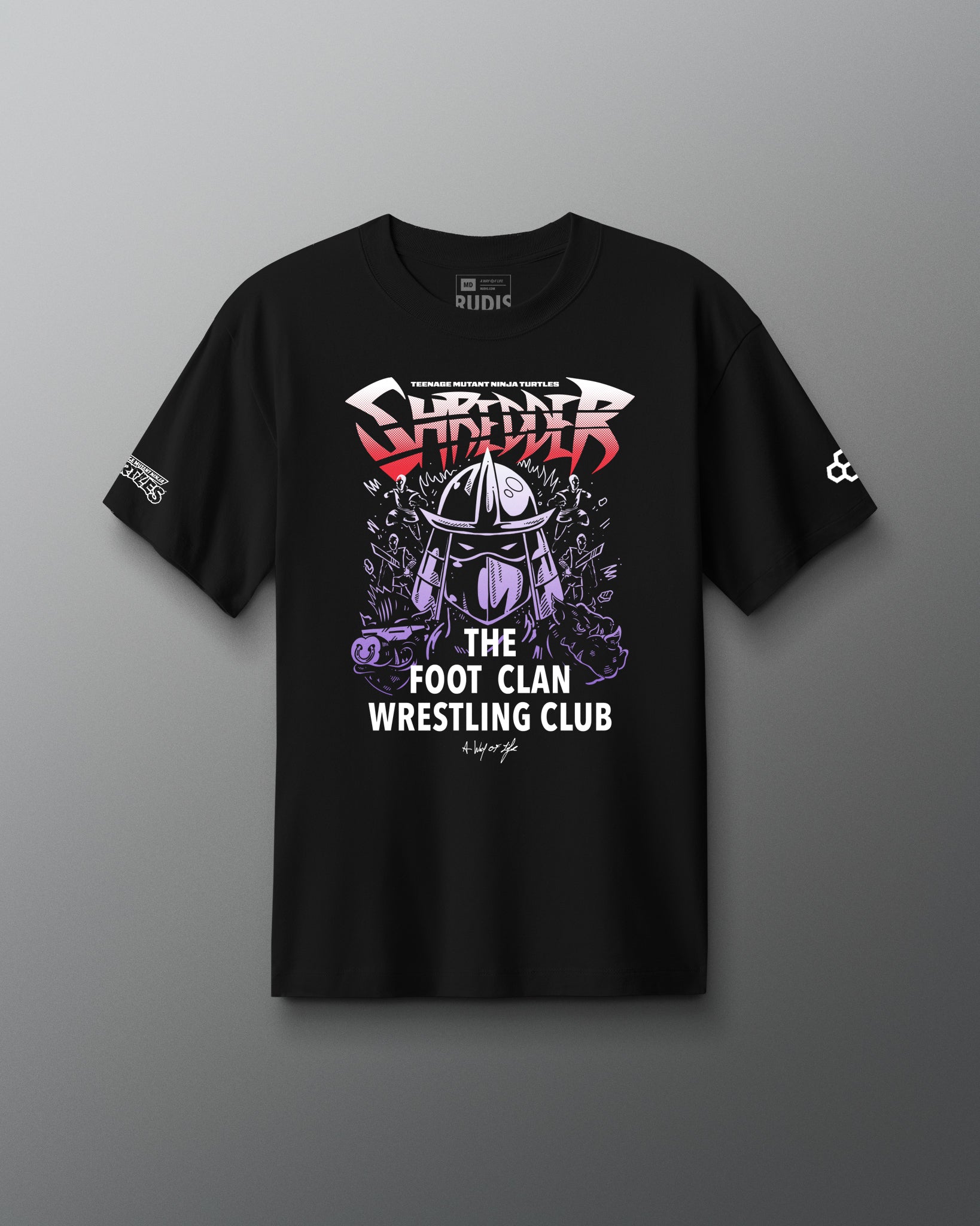 Black t-shirt with wrestling-themed teenage mutant ninja turtles shredder design on a gray background