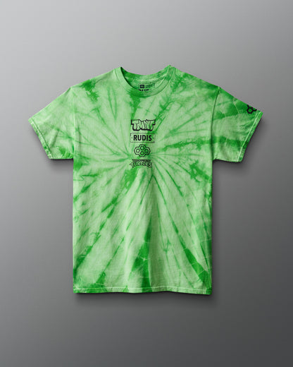 Green tie-dye t-shirt with branding on a gray background. TMNT. Teenage Mutant Ninja Turtles
