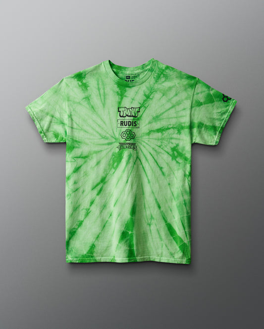 Green tie-dye t-shirt with branding on a gray background. TMNT. Teenage Mutant Ninja Turtles