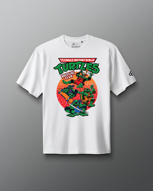 White RUDIS Teenage Mutant Ninja Turtles Wrestling Club heavyweight t-shirt featuring retro TMNT character artwork