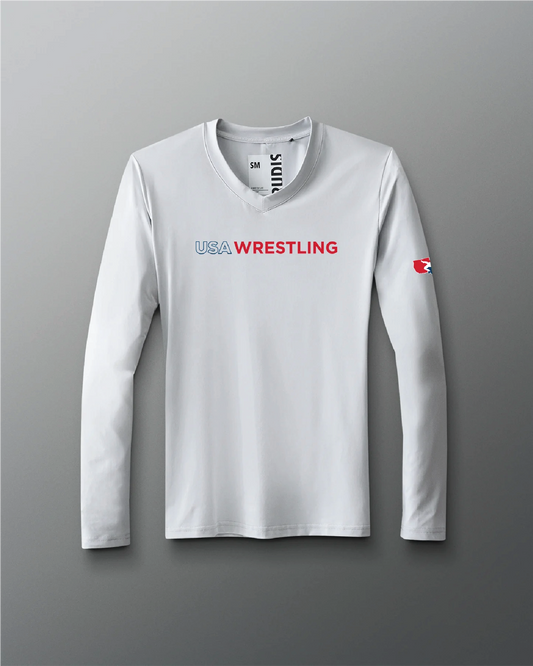VIK - USA Wrestling Wordmark Performance Women's V-Neck Long Sleeve - Lunar Gray