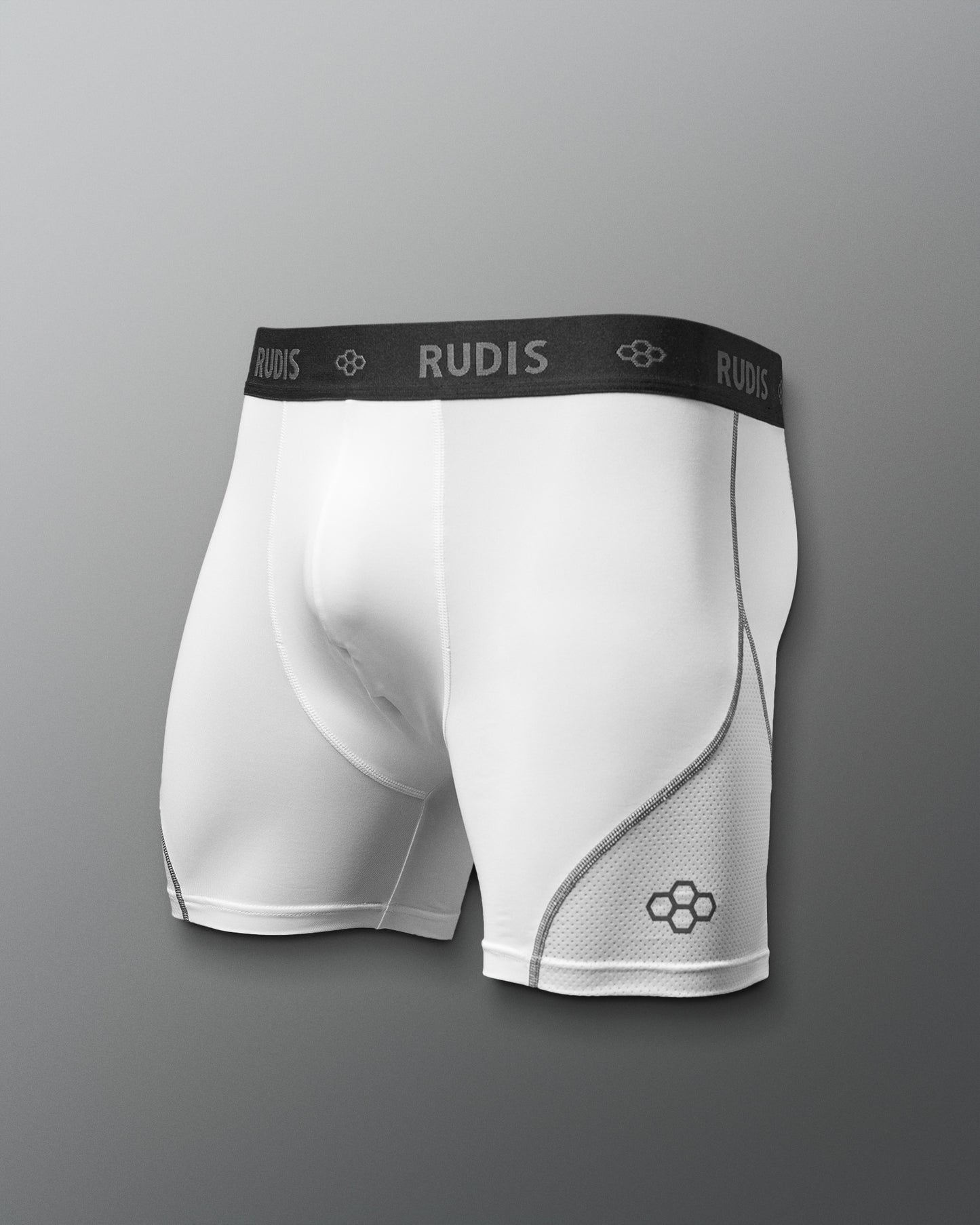 White athletic boxer shorts with black waistband on a gray background