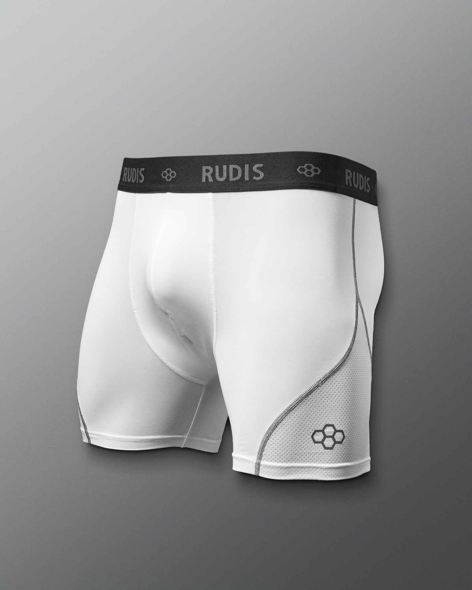 White athletic boxer shorts with black waistband on a gray background