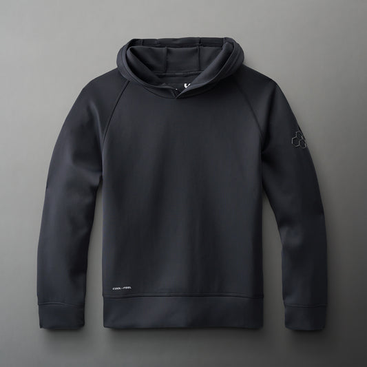 A lightweight black hoodie with a spacious hood and raglan sleeves designed for comfort and performance, featuring a 'COOL-FEEL' label and subtle brand logo against a gray background.