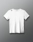 A white short-sleeve athletic shirt with a logo on the shoulder and a side tag, designed for sports and active wear against a soft gray background.