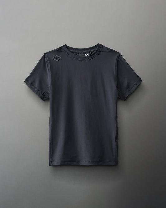 A black short-sleeved athletic shirt with a round neckline and a subtle logo on the shoulder, crafted from lightweight fabric, ideal for casual or active use.