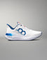 White athletic shoe with blue accents on a gray background