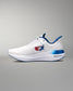 White running shoe with blue accents on a gray background