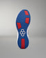 Sole of a shoe with blue pattern and red accents on a gray background