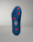 Blue wrestling shoe sole with red dots and a white logo on a gray background