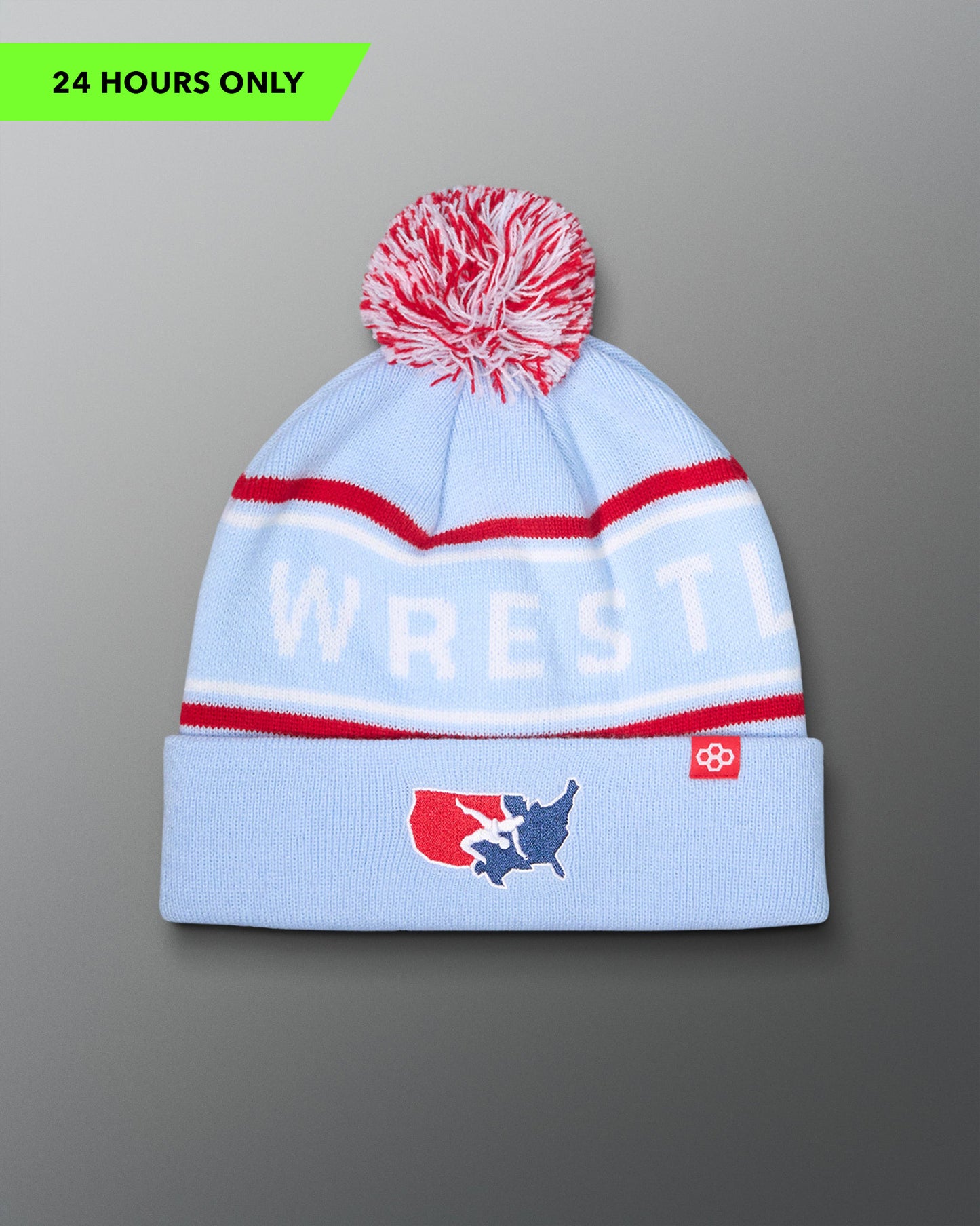 USA Wrestling Logo Light blue knit beanie with red and white accents and 'WRESTLING' text on a gray background