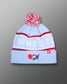 USA Wrestling Logo Light blue knit beanie with red and white accents and 'WRESTLING' text on a gray background