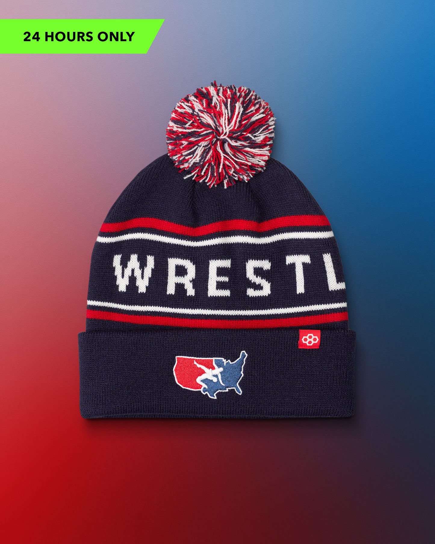 USA Wrestling Logo Navy blue beanie with red and white pom-pom on a gradient background