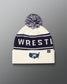White beanie with 'WRESTLE' text and pom-pom on a gradient background with USA Wrestling logo