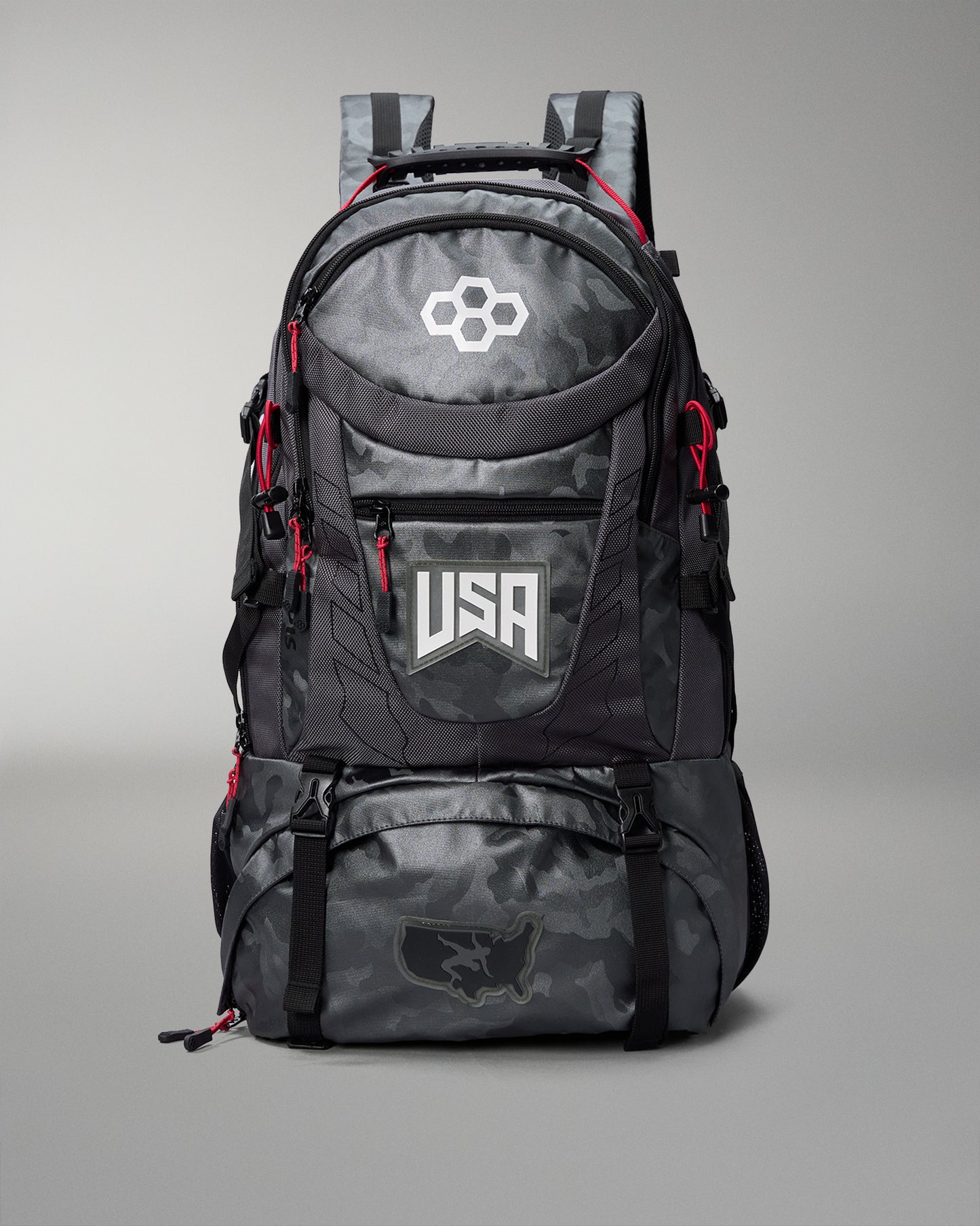 Gray Camo camouflage backpack with 'USA' logo on a gray background