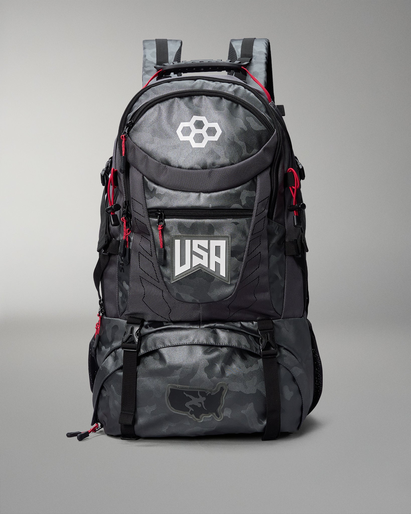 Gray Camo camouflage backpack with 'USA' logo on a gray background