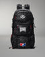 Black backpack with USA and hexagonal logo on a gray background