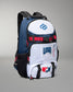 A blue, white, and black backpack with red accents, featuring USA Wrestling branding and a blue snowflake logo on a gray studio background.