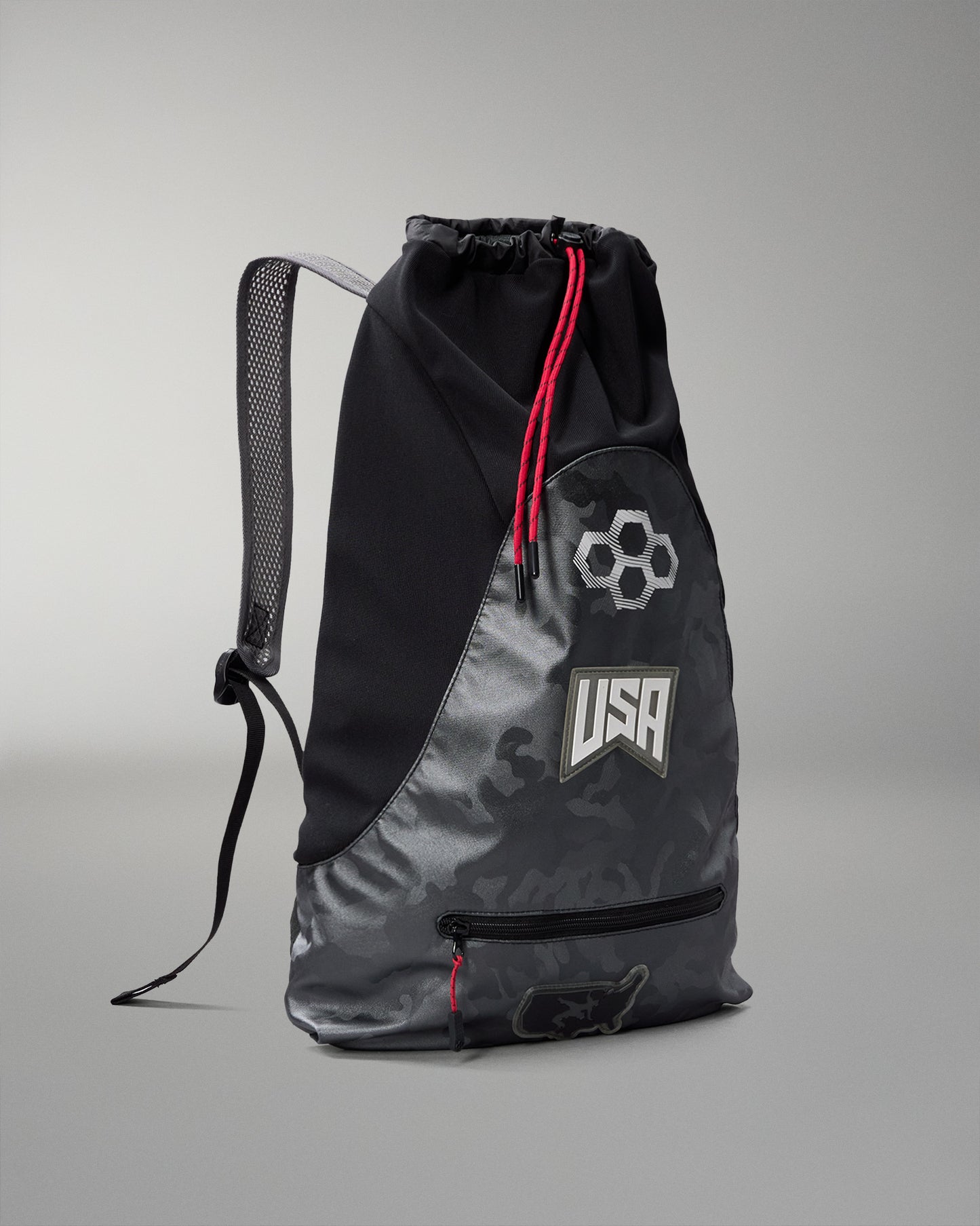 Black and gray drawstring bag with USA logo on a light gray background