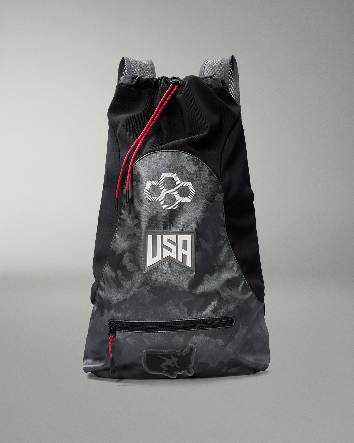 Gray Camo drawstring bag with camouflage pattern and 'USA' text on a gray background