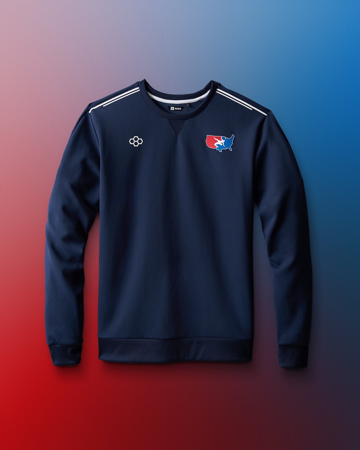 A navy blue crewneck sweatshirt with a graphic of the USA Wrestling logo on the chest, designed for adults.