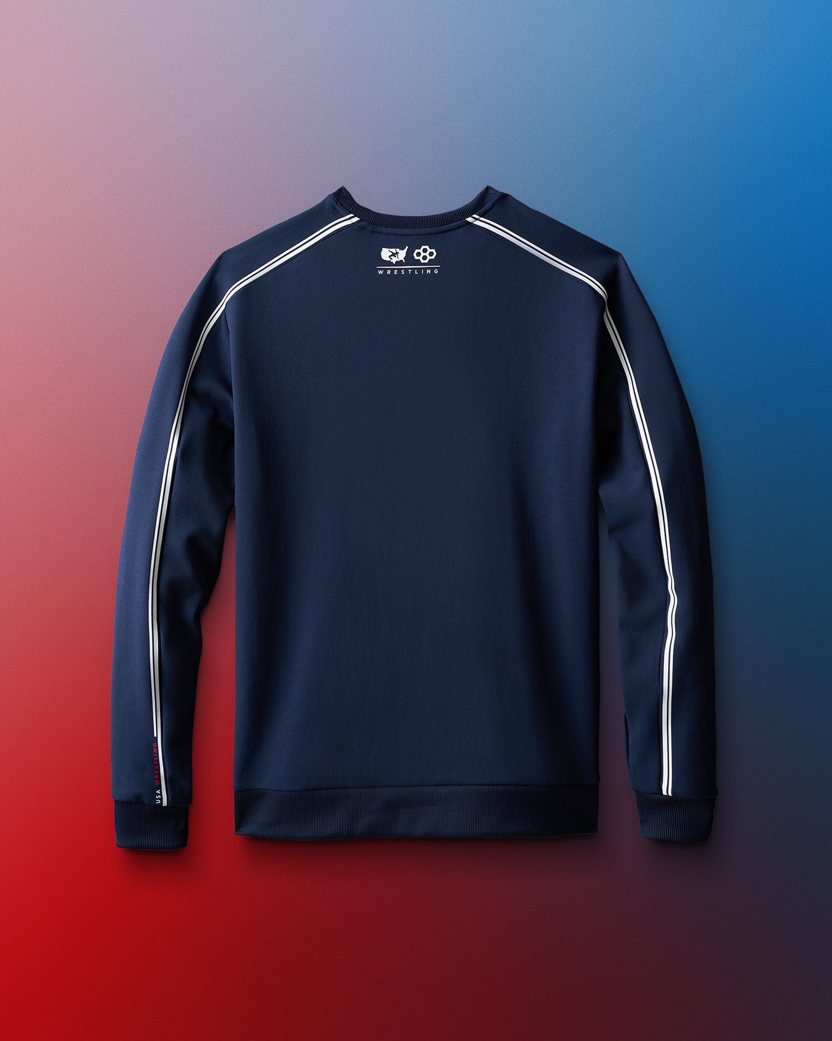 back of blue crew neck shirt with logos