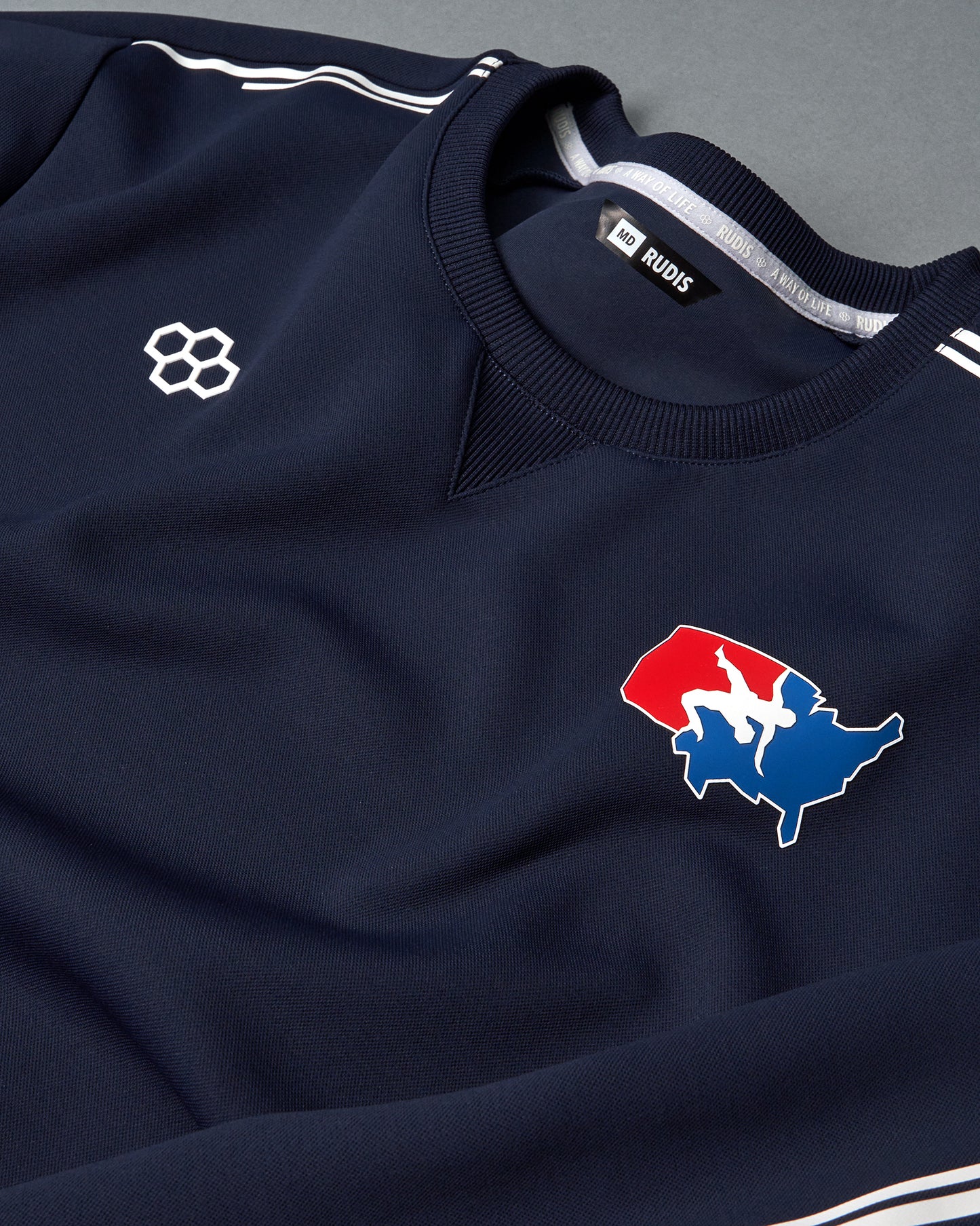 USA Wrestling Crewneck close up of front of shirt with logos on grey background