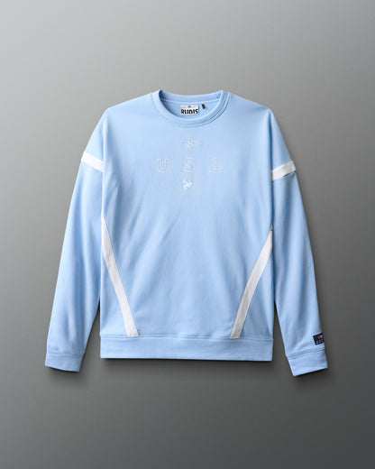 Light blue sweatshirt with white stripes on a gray background