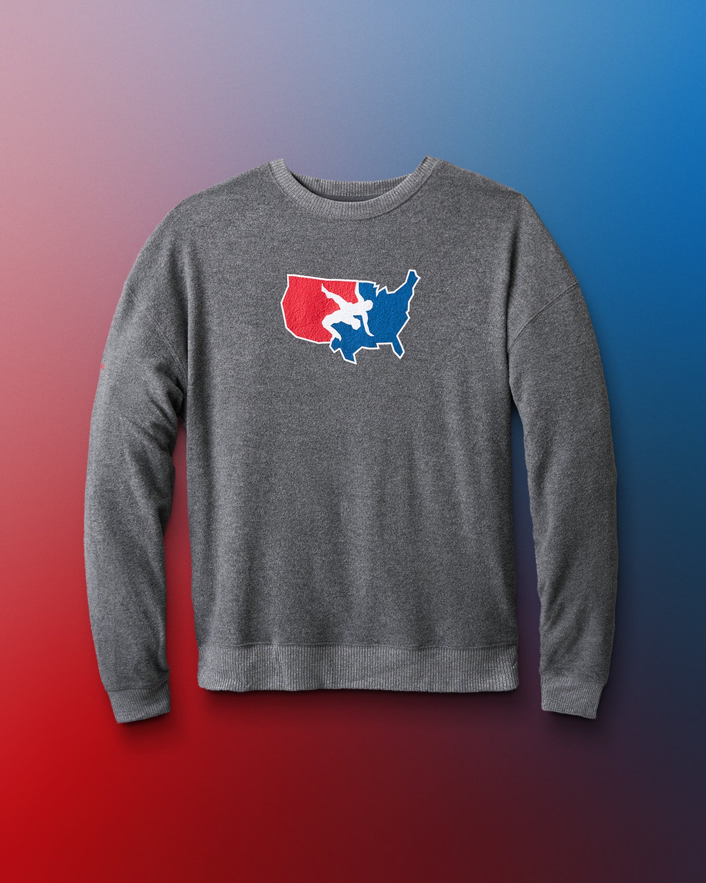 Gray sweatshirt with a colorful graphic on a gradient background