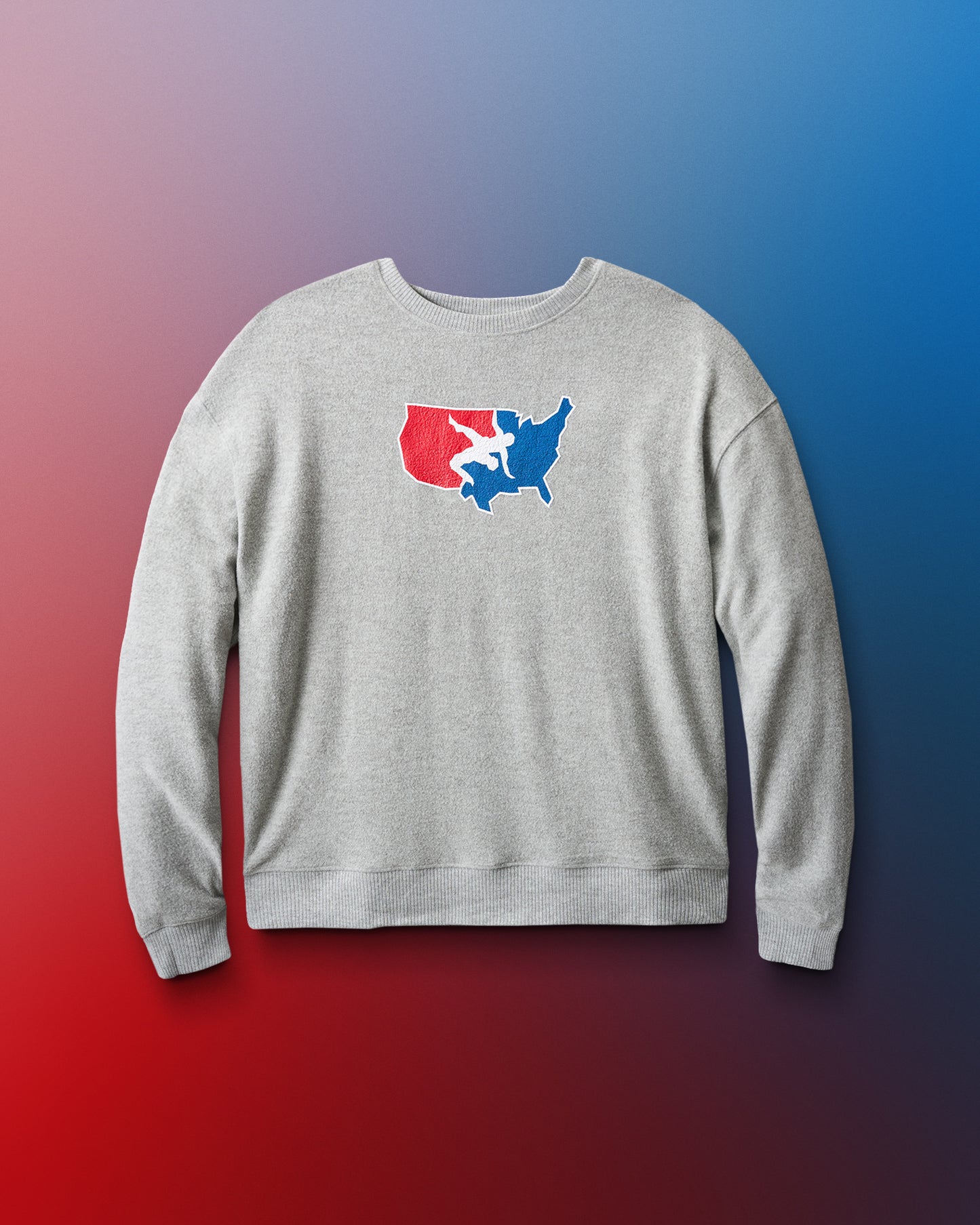 Gray sweatshirt with a colorful graphic on a gradient background