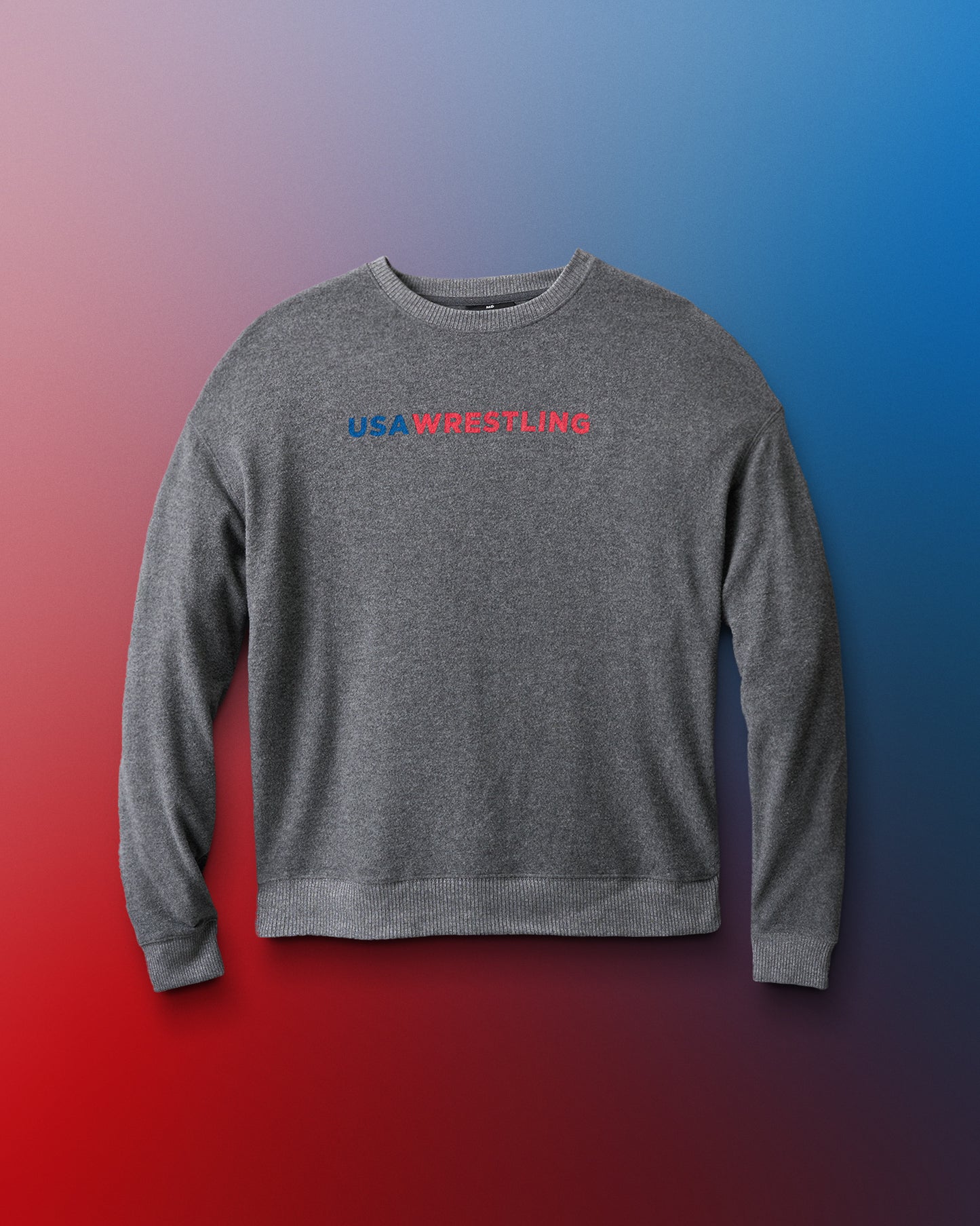 Gray sweatshirt with 'USA Wrestling' text on a gradient background