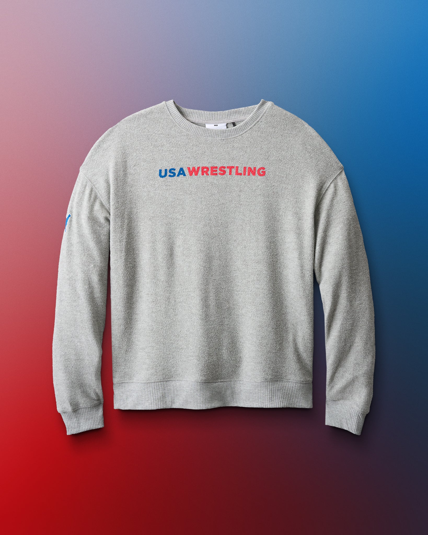 Gray sweatshirt with 'USA Wrestling' text on a gradient background