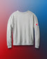 Gray sweatshirt with a logo on the sleeve against a gradient background
