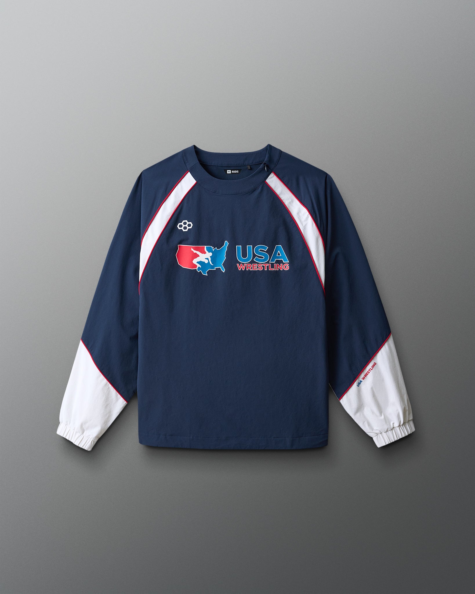 Navy long-sleeve shirt with USA Wrestling logo on a gray background