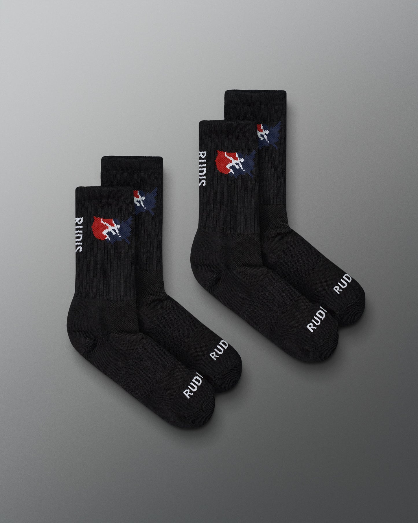 Set of black socks with a logo on a gray background