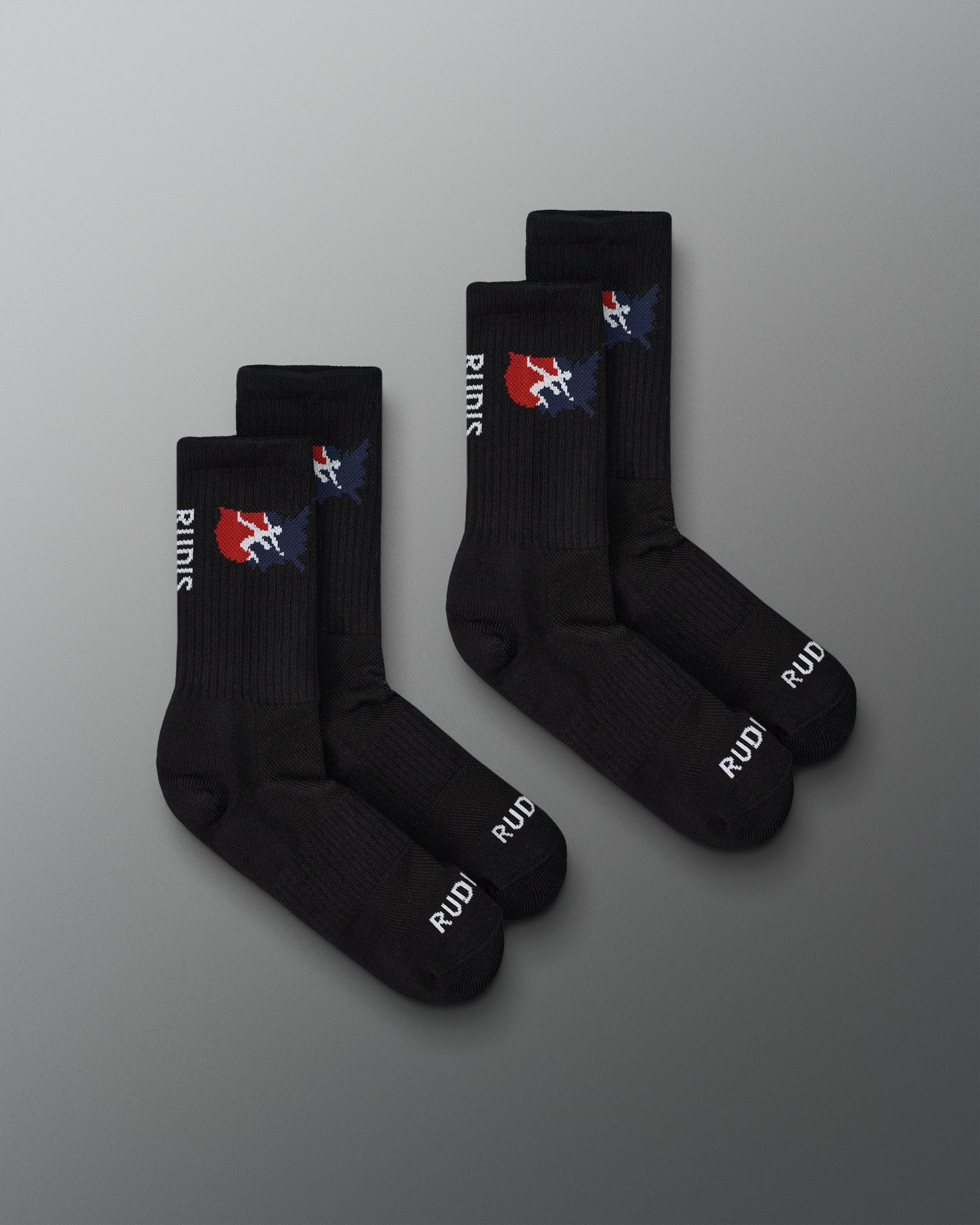 Set of black socks with a logo on a gray background