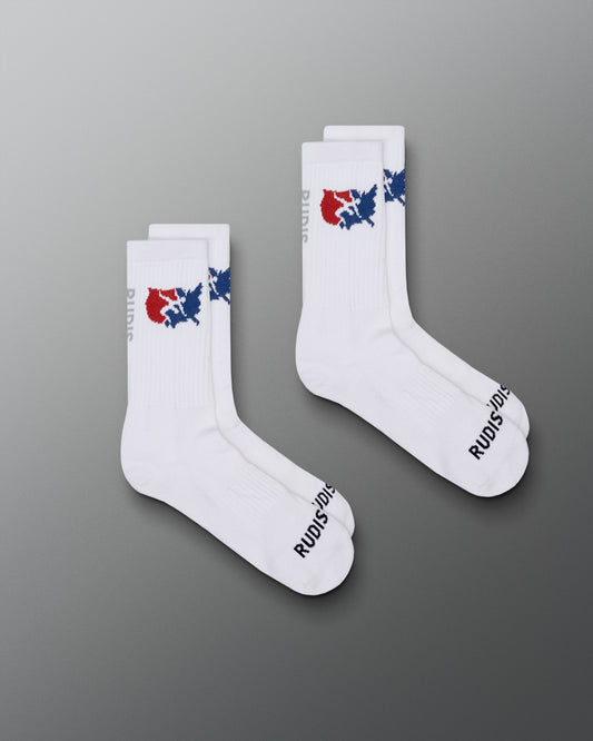 White socks with colorful logo and brand name on a gray background