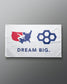 Flag with 'Dream Big.' text and symbols on a gray background